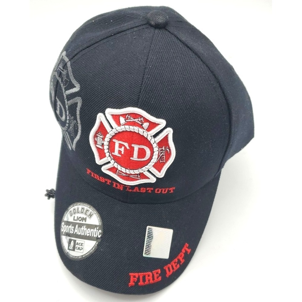 Fire Department Dept FIRE FIGHTER Black Embroidered Cap Hat First In Last‎ Out